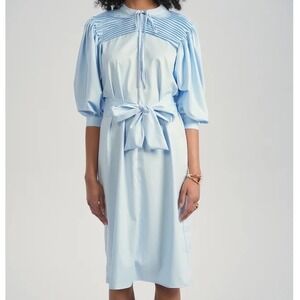 Aleeza Paris Light Blue Pleated Yoke Tie Neck Puff Sleeve Midi Dress XL New